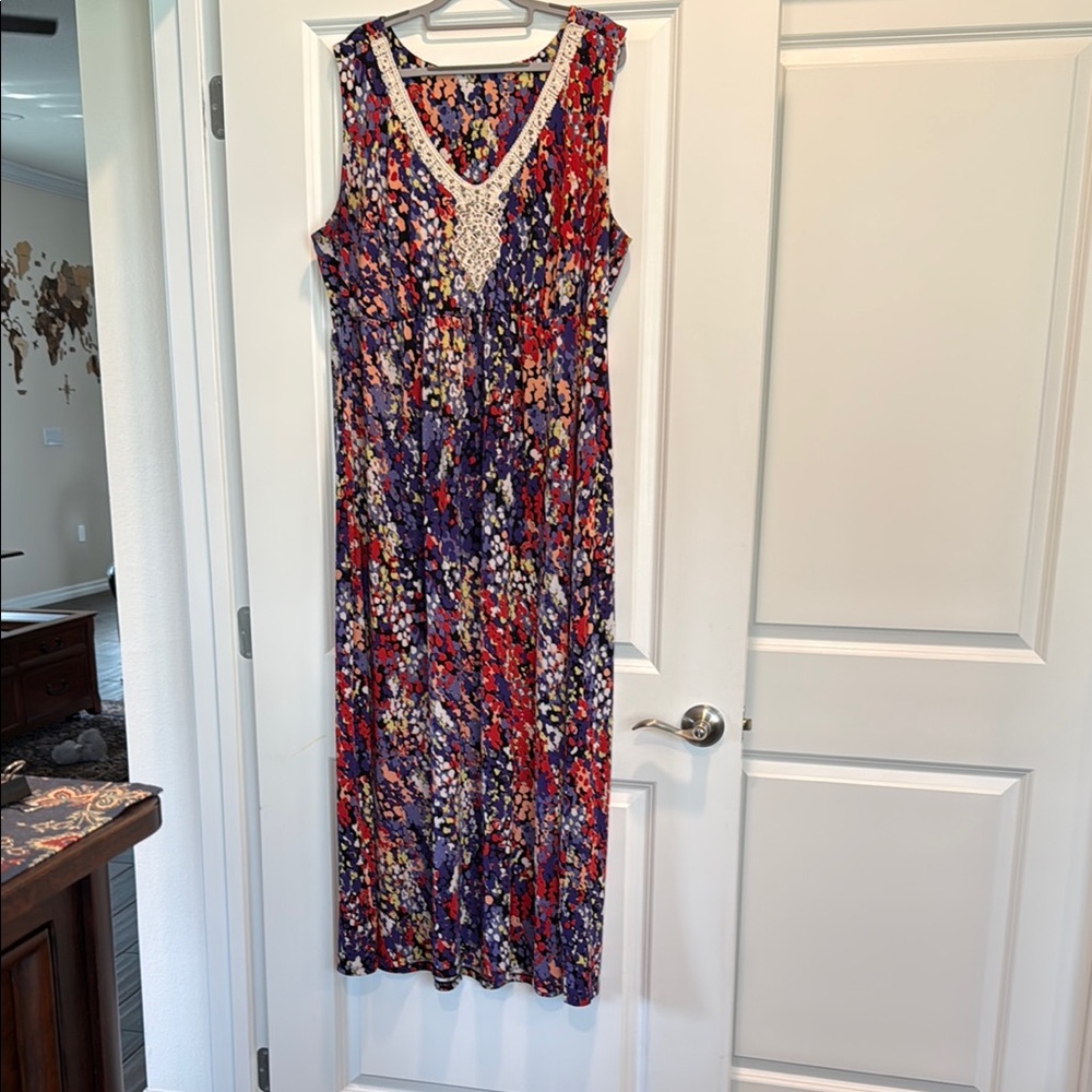 Elle 2X Sleeveless Maxi Dress with Beaded Crochet Lace Neckline